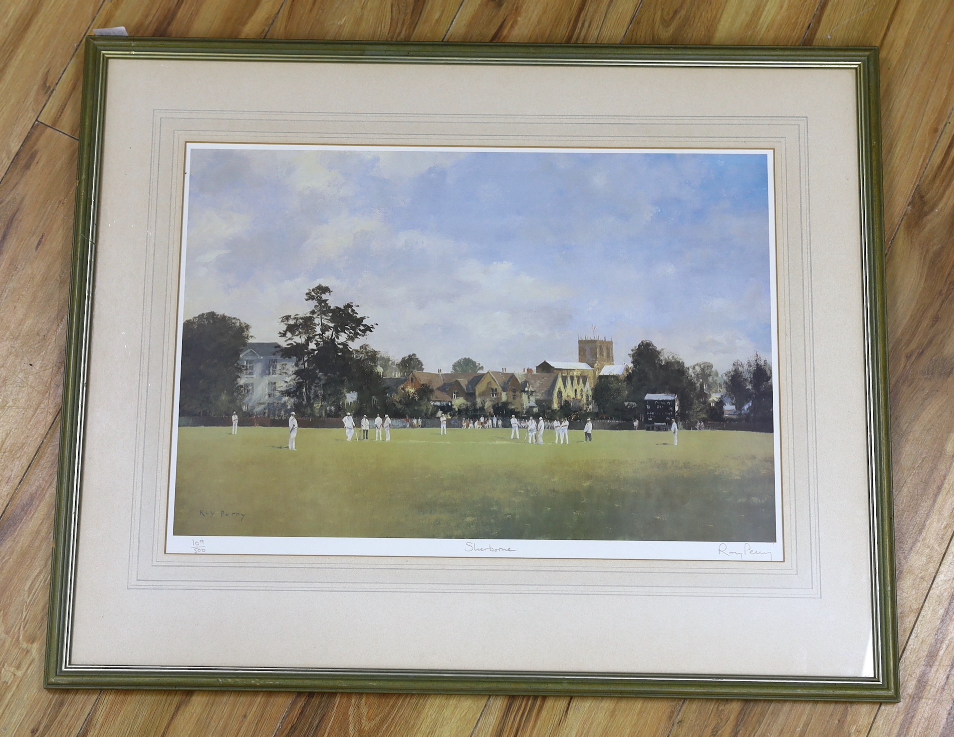 Roy Perry (1935-1993), limited edition coloured cricketing print, Sherborne', signed, titled and numbered 109/500, 40 x 56cm